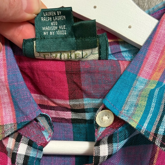 NWT Lauren Ralph Lauren Multicolor Plaid 100% Linen Button Up Sleeveless Shirt M - Picture 7 of 9